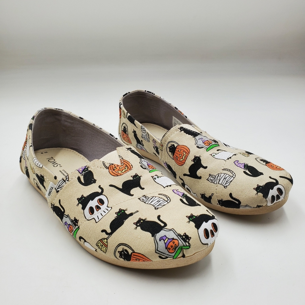 Toms Classic Halloween Black Cat Belmont Flats Shoes In Cream Size 6